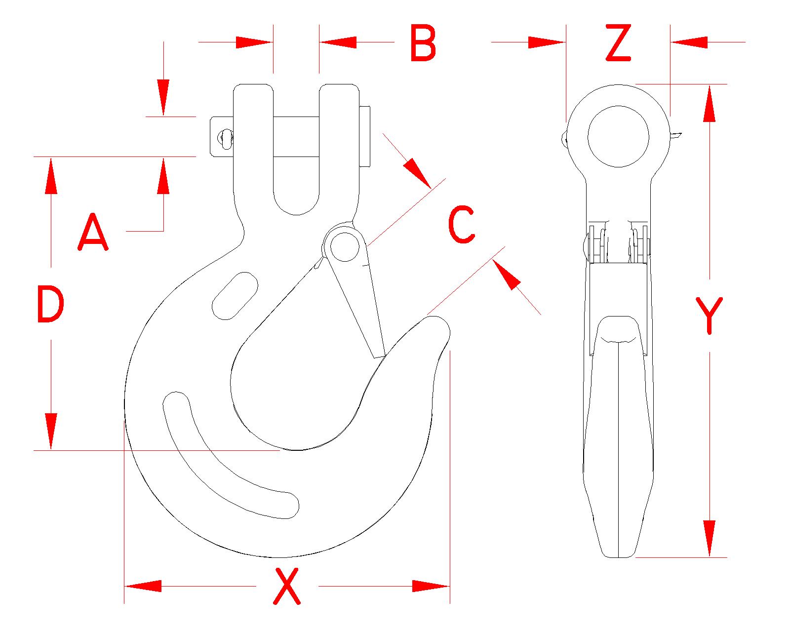 Stainless Steel Clevis Slip Hook, Forged, Load Rated, S0452-0007, S0452-0008, S0452-0010, S0452-0013, Line Drawing